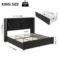 Hithos King Upholstered Led Bed Frame With 2 Storage Drawers Velvet Platform Bed With Wingback Headboard Solid Wooden Slats Su