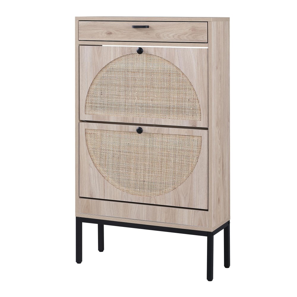 Xiao Wei Shoe Cabinet Natural Semi Circle Rattan Shoe Storage Organizer Cabinet With 2 Flip Drawers Freestanding Shoe Rack Wit