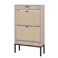 Xiao Wei Shoe Cabinet Natural Rectangular Rattan Shoe Storage Organizer Cabinet With 2 Flip Drawers Freestanding Shoe Rack Wit