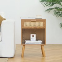 Mid Century Modern Nightstand Rattan Bedside Table With Drawer And Open Shelf Wood Nightstand Modern Side Table For Living Roo