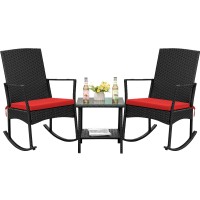 Flamaker Rocking Chair Outdoor Pe Rattan Patio Chairs With Glass Table High Back Porch Rocker For Balcony Garden Backyard Red