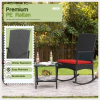 Flamaker Rocking Chair Outdoor Pe Rattan Patio Chairs With Glass Table High Back Porch Rocker For Balcony Garden Backyard Red