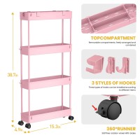 Spacelead Slim Storage Cart 4 Tier Bathroom Storage Organizer Rolling Utility Cart Mobile Shelving Unit Slide Out Storage Cart