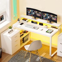 Yitahome L Shaped Desk With Drawers 55 Corner Computer Desk With Power Outlets Lshaped Desk With Led Lights File Cabinet