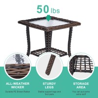 Wicker Rattan Side Table Patio Wicker Table  Outdoor Square Rattan Coffee Table End Table With Tempered Glass Top And Storage For Patio Porch Lawn (C-Brown)