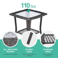 Wicker Rattan Side Table Patio Wicker Table  Outdoor Square Rattan Coffee Table End Table With Tempered Glass Top And Storage For Patio Porch Lawn (C-Gray)