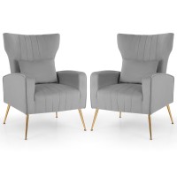 Giantex Velvet Accent Chair Set Of 2, Upholstered Tufted Wingback Arm Chair W/Lumbar Pillow, Golden Metal Legs, Mid Century Modern Single Sofa Chair For Living Room Bedroom, Max Load 400 Lbs, Grey