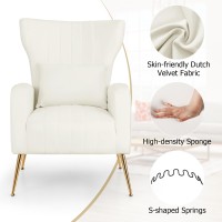 Giantex Velvet Accent Chair Set Of 2, Upholstered Tufted Wingback Arm Chair W/Lumbar Pillow, Golden Metal Legs, Mid Century Modern Single Sofa Chair For Living Room Bedroom, Max Load 400 Lbs, White