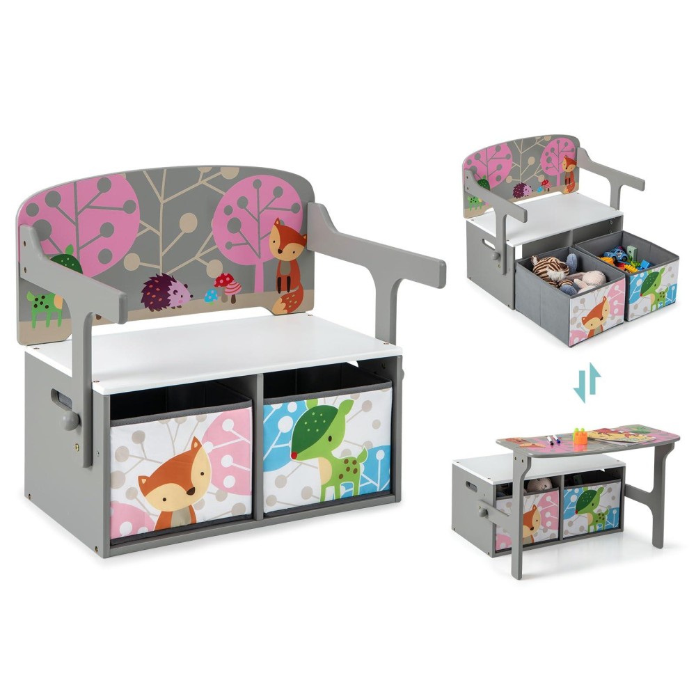 Costzon Kids Table And Chair Set, Convertible Toy Storage Bench With 2 Removable Fabric Bins For Kindergarten, Preschool, Kids Room, Playroom, Wood Reading Nook For Toddler Boys Girls Ages 3+ (Grey)