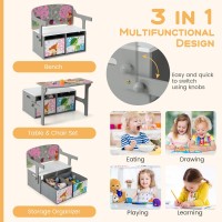 Costzon Kids Table And Chair Set, Convertible Toy Storage Bench With 2 Removable Fabric Bins For Kindergarten, Preschool, Kids Room, Playroom, Wood Reading Nook For Toddler Boys Girls Ages 3+ (Grey)
