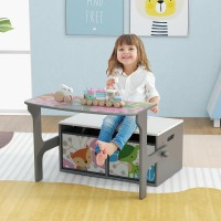 Costzon Kids Table And Chair Set, Convertible Toy Storage Bench With 2 Removable Fabric Bins For Kindergarten, Preschool, Kids Room, Playroom, Wood Reading Nook For Toddler Boys Girls Ages 3+ (Grey)