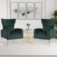 Giantex Velvet Accent Chair Set Of 2, Upholstered Tufted Wingback Arm Chair W/Lumbar Pillow, Golden Metal Legs, Mid Century Modern Single Sofa Chair For Living Room Bedroom, Max Load 400 Lbs, Green