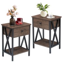 Vecelo End Tables Modern Nightstand With Drawer Shelf Night Stand For Bedroom Living Room Industrial Metal Frame