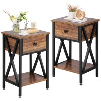 Vecelo End Tables Modern Nightstand With Drawer Shelf Night Stand For Bedroom Living Room Industrial Metal Frame