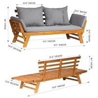 Panana Acacia Wood Convertible Couch Sofa Bed Adjustable Armrest Folding Daybed Collapsible Chaise Lounge W/Cushions Outdoor Loveseat For Garden Patio Poolside Grey