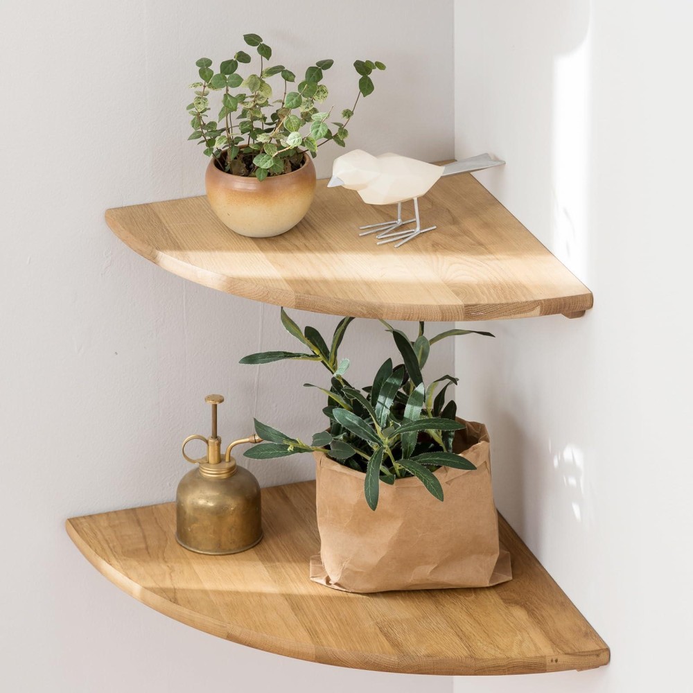 Corner Shelves Floating Corner Shelf Set Of 2 12Inch Solid Oak Wood Corner Wall Shelves Round End Wall Mount Display Shelf Wi