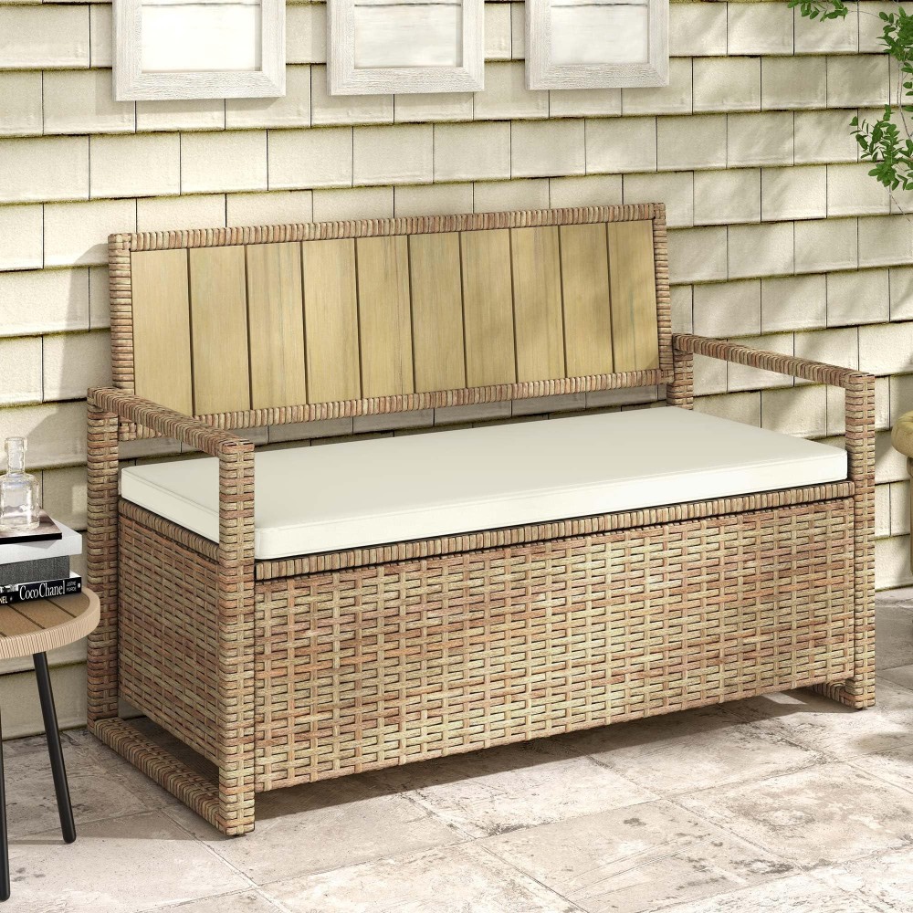 Dwvo 70 Gallon Outdoor Storage Bench Weatherresistant Deck Box Bench Wicker Storage With Cushion Seating For Patio Outdoor