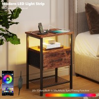 Trifeble Night Stand End Table With Charging Station Led Bedside Table With Fabric Drawer For Bedroom 3Tier Side Table With