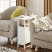 Trifeble End Table Set 2 With Charging Station Narrow Side Table With 2 Fabric Drawers Skinny Nightstand With Led Light Slim