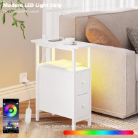 Trifeble End Table Set 2 With Charging Station Narrow Side Table With 2 Fabric Drawers Skinny Nightstand With Led Light Slim