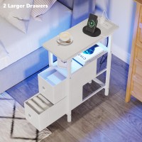 Trifeble End Table Set 2 With Charging Station Narrow Side Table With 2 Fabric Drawers Skinny Nightstand With Led Light Slim