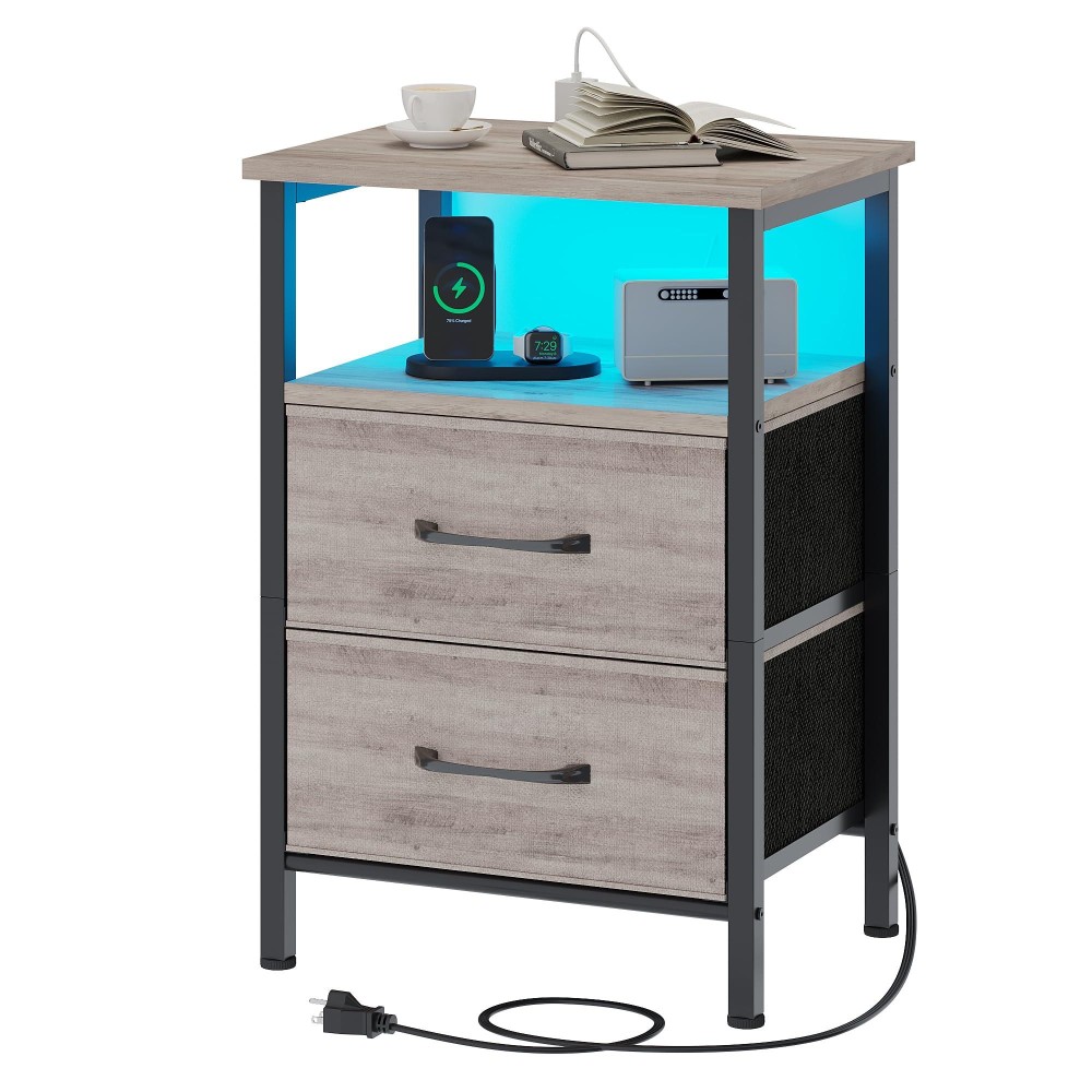 Trifeble Nightstands Night Stand With Charging Station And Led Lights Bedside Table With 2 Fabric Drawers For Bedroom Small S