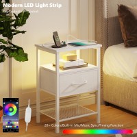 Trifeble Night Stand Set 2 End Table With Charging Station Led Bedside Table With Fabric Drawer For Bedroom 3Tier Side Table