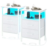 Trifeble Nightstands Set Of 2 Night Stand With Charging Station And Led Lights Bedside Table With 2 Fabric Drawers For Bedroom