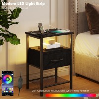 Trifeble Night Stand End Table With Charging Station Led Bedside Table With Fabric Drawer For Bedroom 3Tier Side Table With