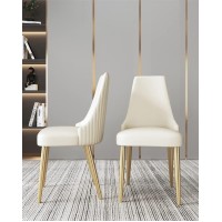 White Leather Contemporary Dining Chair Home Side Chair Back Chair, Round Dining Table With Rock Slabs Dining Table And Chair Set Eco-Leather Upholstered With Gold Powder Coated Iron Leg (Color : 2-P