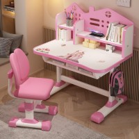 Altsuceser Kids Desk And Chair Set, Height Adjustable Kids Table And Chair Set, Cartoon Castle Pattern Children Study Desk With Writing Board, Bookshelf And Drawer, Girls/Boys Study Table And Chair P