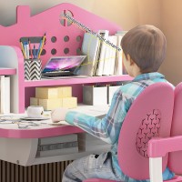 Altsuceser Kids Desk And Chair Set, Height Adjustable Kids Table And Chair Set, Cartoon Castle Pattern Children Study Desk With Writing Board, Bookshelf And Drawer, Girls/Boys Study Table And Chair P