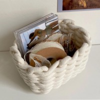 Belupai Cotton Rope Storage Basket,White Nordic Simple Handmade Woven Desktop Storage Basket,Decorative Storage Organizer Bin For Books,Towels,Cosmetics,Underwear,Key,Snacks