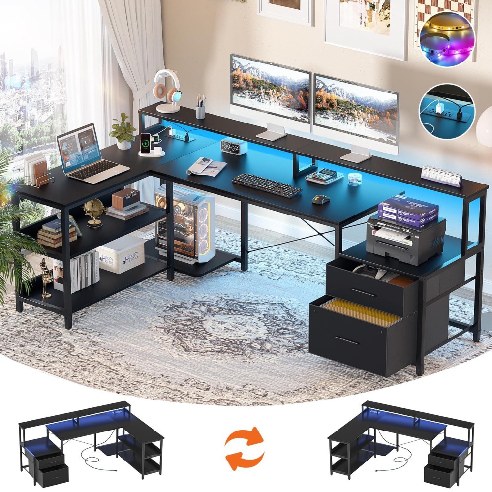 Aheaplus L Shaped Desk With File Drawer 66 Reversible L Shaped Computer Desk With Power Outlet Led Strip Gaming Desk With