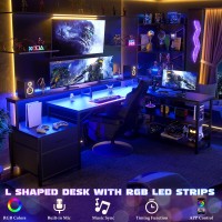 Aheaplus L Shaped Desk With File Drawer 66 Reversible L Shaped Computer Desk With Power Outlet Led Strip Gaming Desk With