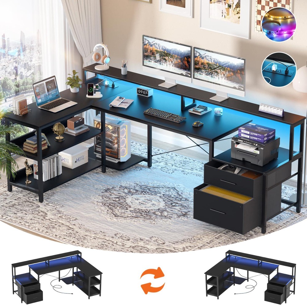 Aheaplus L Shaped Desk With File Drawer 728 Reversible L Shaped Computer Desk With Power Outlet Led Strip Gaming Desk Wit