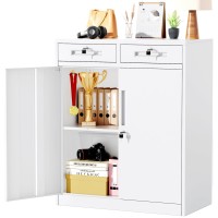 Greenvelly Metal Storage Cabinet With Drawers 42 White Cabinet Steel Garage Cabinet With 2 Doors And Adjustable Shelves Lock