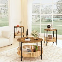 AWQM 3 Pieces Coffee Table Set for Living Room, 2 Tier Round Rattan Coffee End Side Table, Boho Living Room Table Set with Metal Frame for Bedroom Office