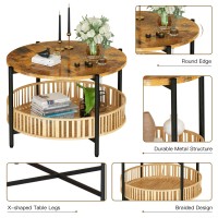 AWQM 3 Pieces Coffee Table Set for Living Room, 2 Tier Round Rattan Coffee End Side Table, Boho Living Room Table Set with Metal Frame for Bedroom Office