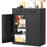 Greenvelly Metal Storage Cabinet With 2 Drawers 36 Black Metal Cabinets With Doors And Shelves Garage Cabinet With Lock For H