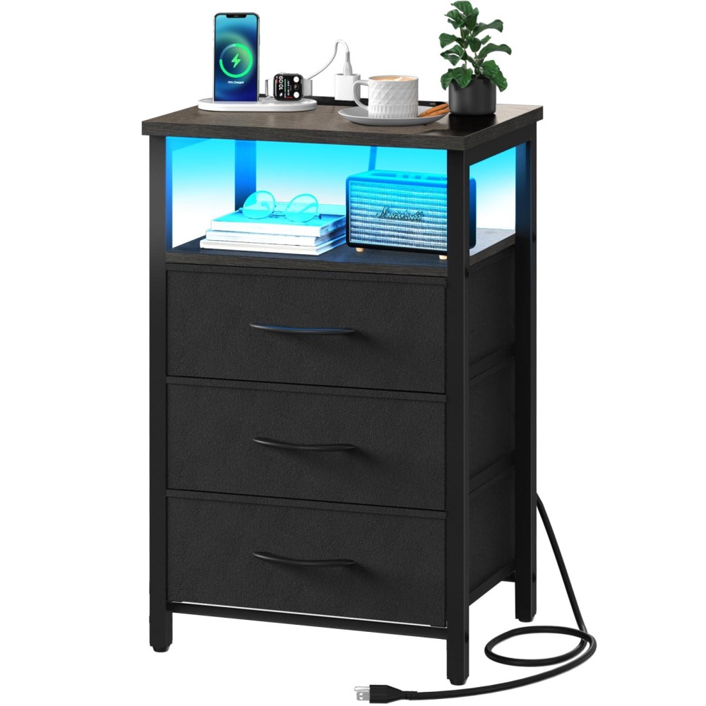 Yoobure Night Stand With Charging Station 20 Colors Led Nightstand With Usb Ports And Outlets End Table With 3 Fabric Drawers