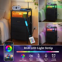 Yoobure Night Stand With Charging Station 20 Colors Led Nightstand With Usb Ports And Outlets End Table With 3 Fabric Drawers