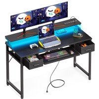 Odk Gaming Desk With Led Lights And Power Outlet 48 Inch Computer Desk With Drawers And Keyboard Tray Pc Desk With Monitor Sta