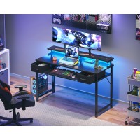 Odk Gaming Desk With Led Lights And Power Outlet 48 Inch Computer Desk With Drawers And Keyboard Tray Pc Desk With Monitor Sta