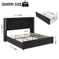 Hithos Queen Upholstered Led Bed Frame With 2 Storage Drawers Velvet Platform Bed With Wingback Headboard Solid Wooden Slats S