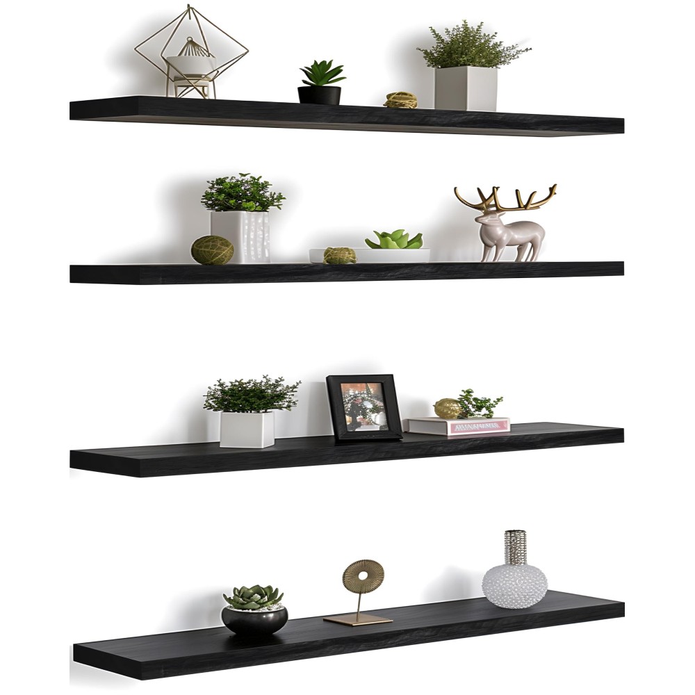 Phph 48 Inch Wood Floating Shelves For Wall Wooden Wall Shelves For Bedroom Set Of 4 Black