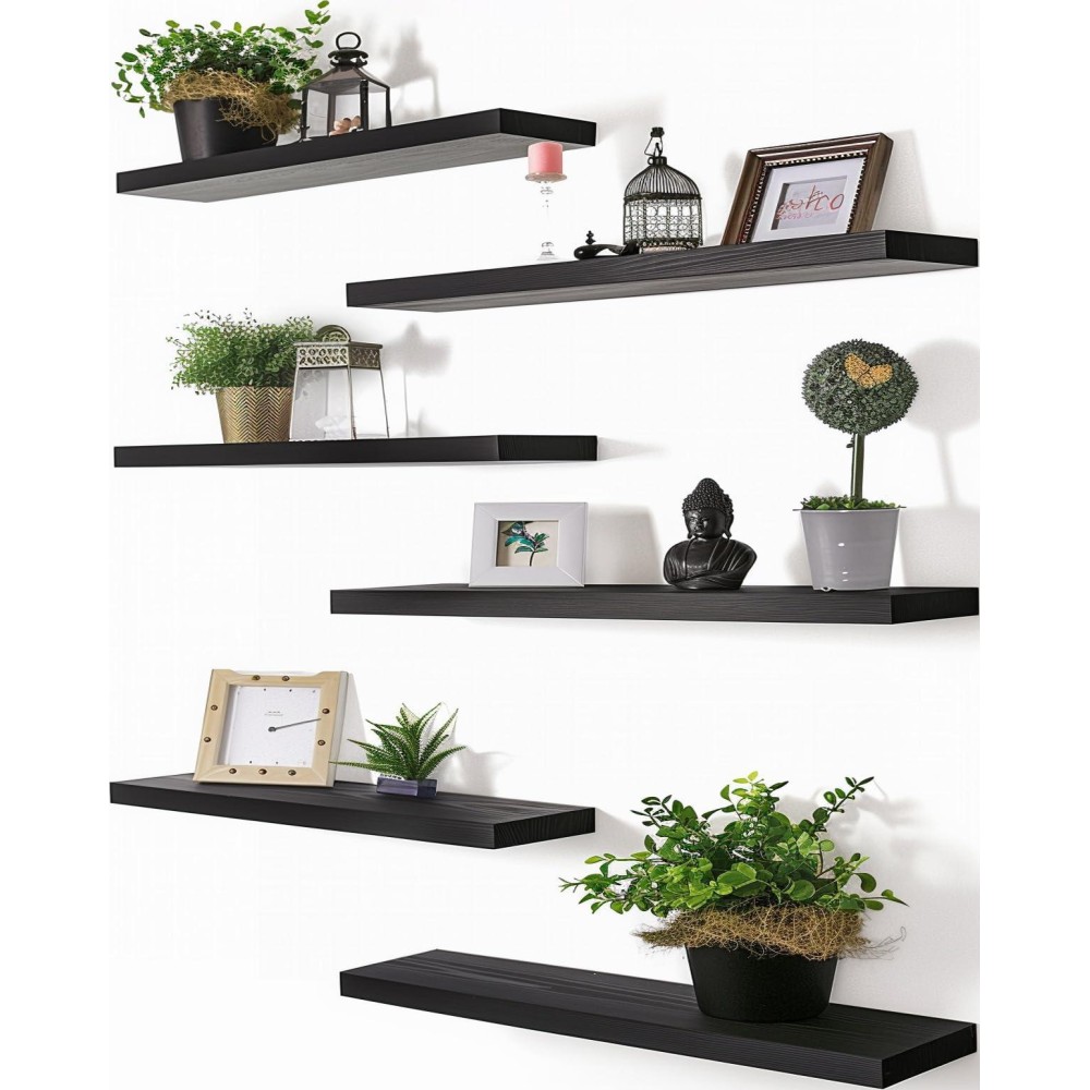 Phph 24 Inch Wood Floating Shelves For Wall Wooden Wall Shelves For Bedroom Set Of 6 Black