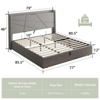 Feonase King Lift Up Storage Bed Frame With Charging Station, Wingback Upholstered Platform Bed Frame, Wooden Slats Support, No Box Spring Needed, Noise-Free, Light Gray