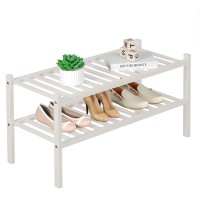 Romguar Craft 2 Tier Bamboo Shoe Rack For Closet Free Standing Wood Shoe Shelf For Entryway Small Space Stackable 27X11X13