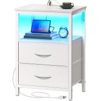 Huuger Night Stand With Charger Station And Led Lights 2 Drawer Nightstand Bed Side Table With Open Shelf End Table Fabric D